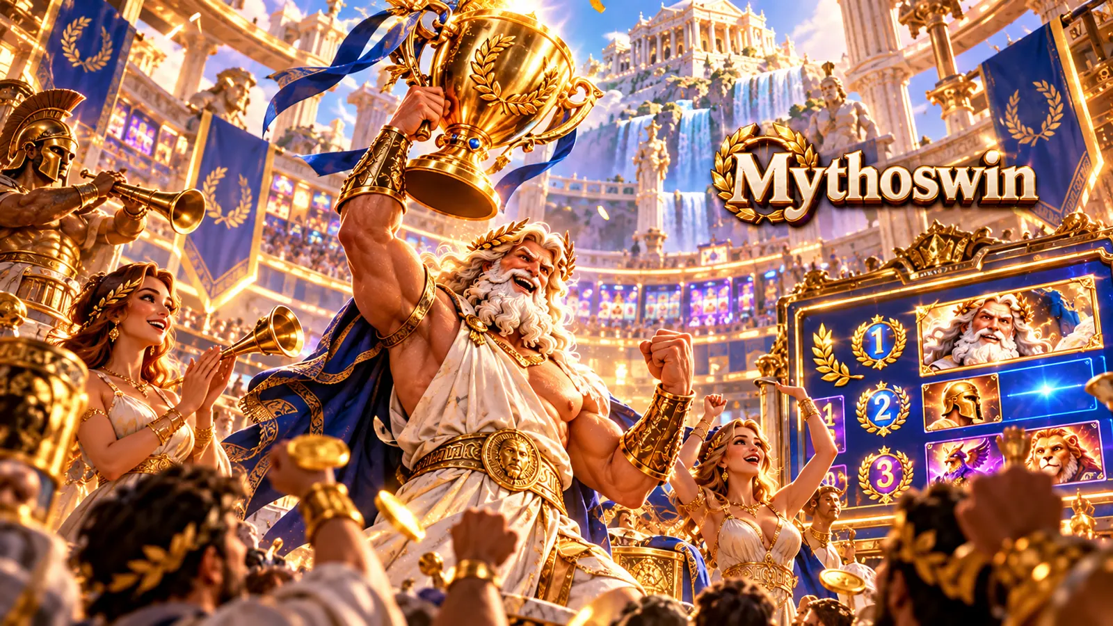 Zeus lifting a golden trophy above a tournament leaderboard